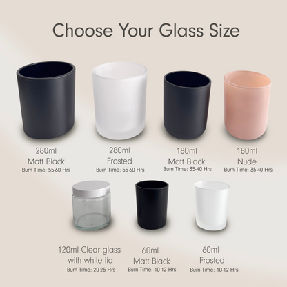 Set of different glass sizes with labels on a beige background