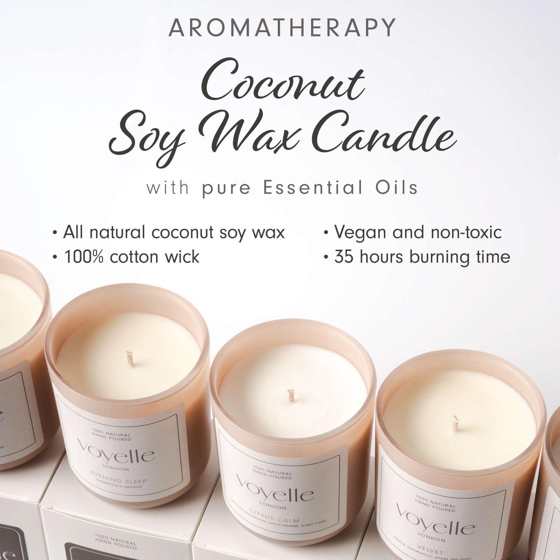 Three Voyelle London coconut soy wax candles with light beige labels and benefits listed above them on a white background