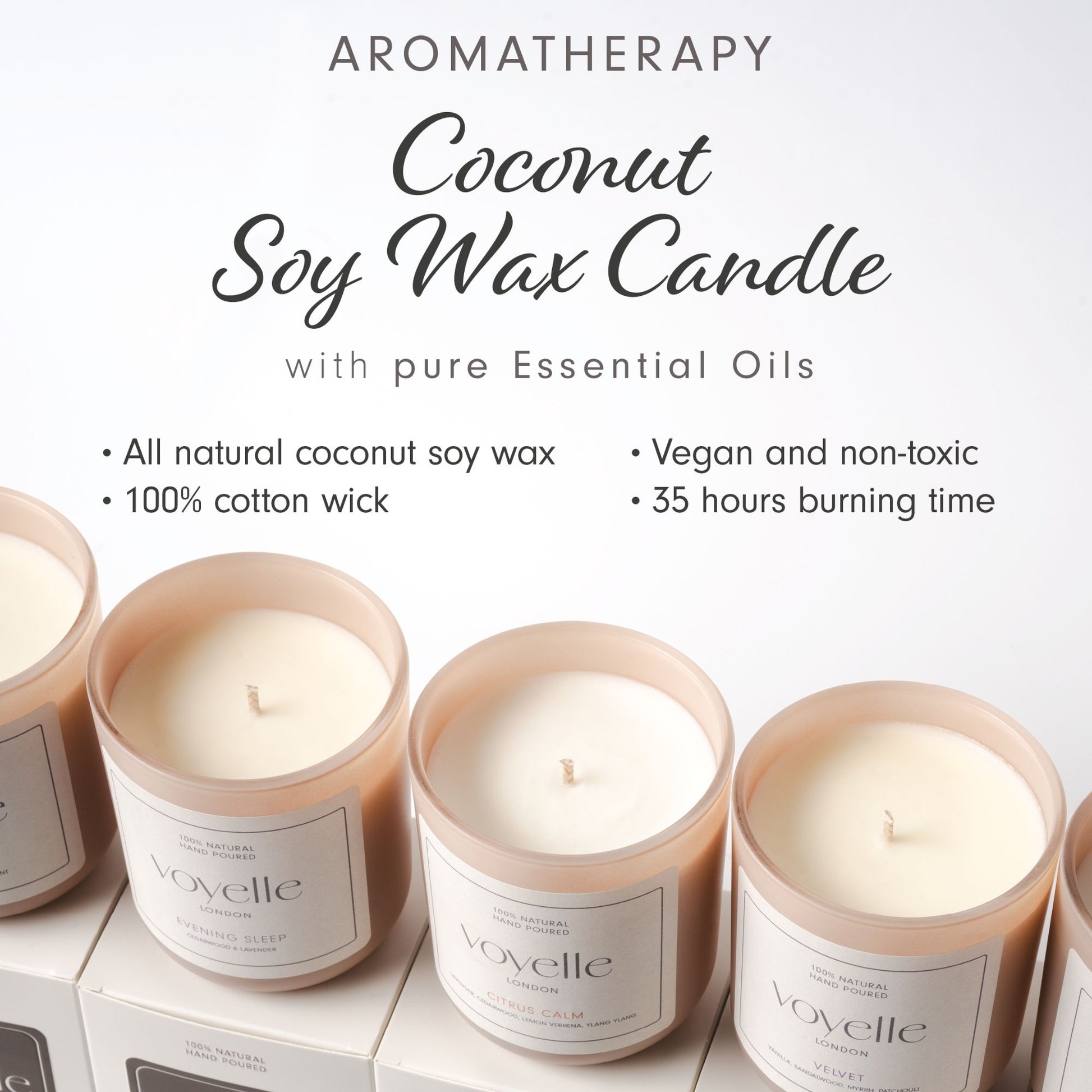 Voyelle aromatherapy coconut soy wax candles with light beige packaging