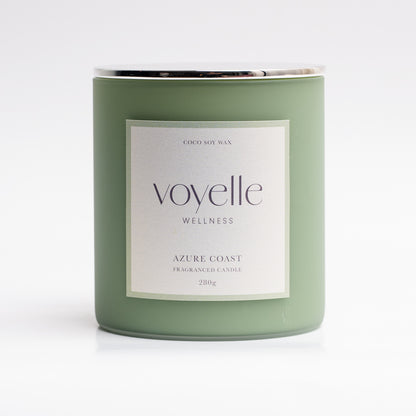 Azure Coast candle in a bright coastal scene — sea salt & sage