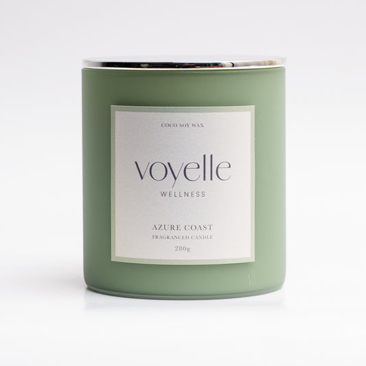 Azure Coast candle in a bright coastal scene — sea salt & sage