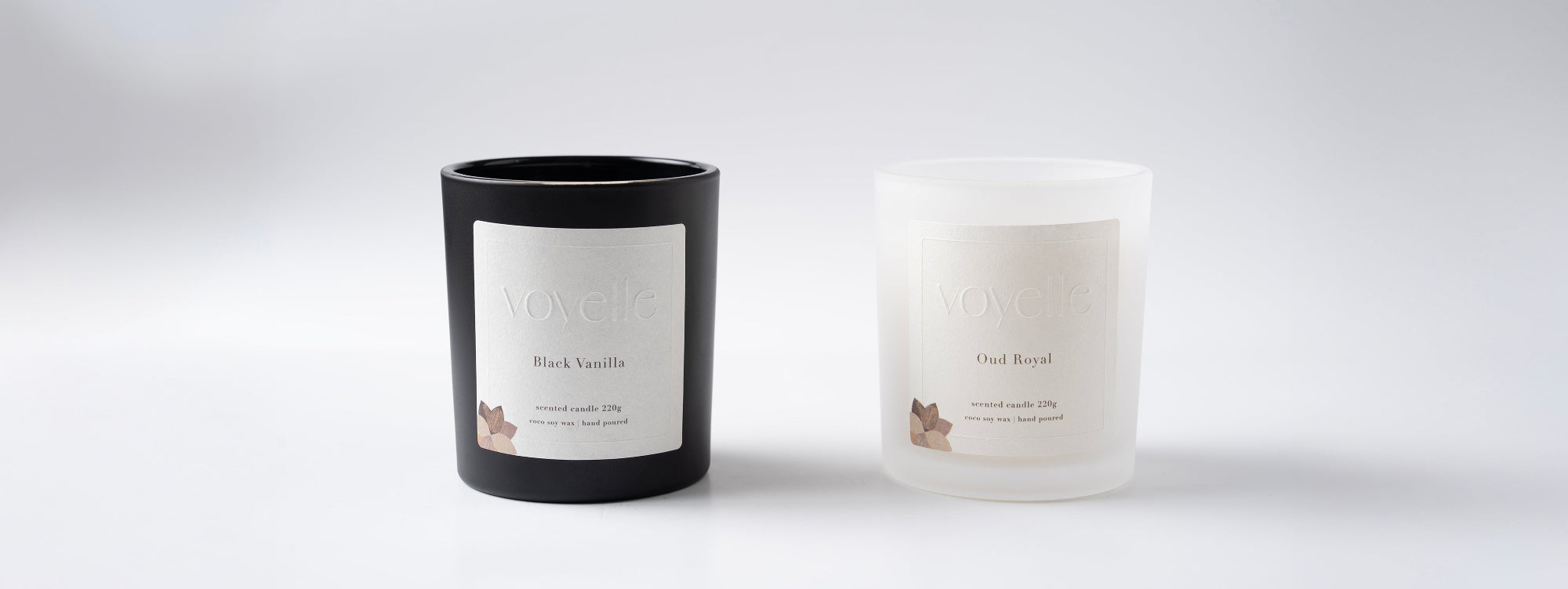 Black Vanilla and Oud Royal soy candles by Voyelle UK – minimal design on white background