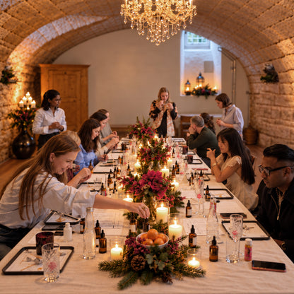 A group of people gathered around a long table in a stone archway room, arranging floral centerpieces with candles and small bottles on a white tablecloth.