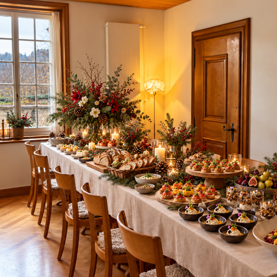 A long dining table covered with a white tablecloth is set with an abundant holiday spread of pastries, bread, fruit, and garnished dishes, surrounded by wooden chairs in a warmly lit room with a large window and wooden door.