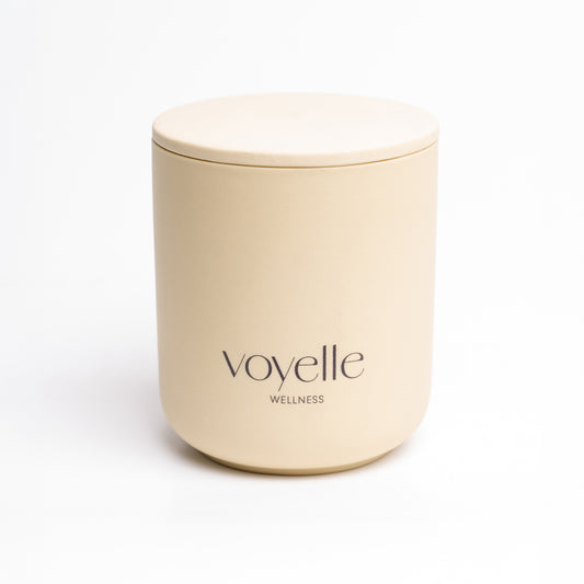 Glow aromatherapy candle lit in a handmade ceramic vessel — basil, lemon & orange, hand-poured in Zürich