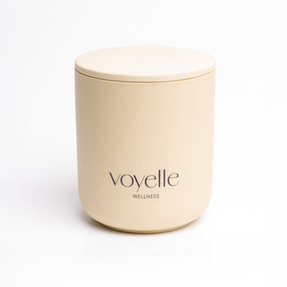 Spicy Romance candle lit — ginger & black pepper with neroli, in a handmade ceramic vessel
