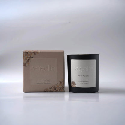 Luxury Black Vanilla soy candle with sustainable packaging by Voyelle – handmade aromatherapy candle