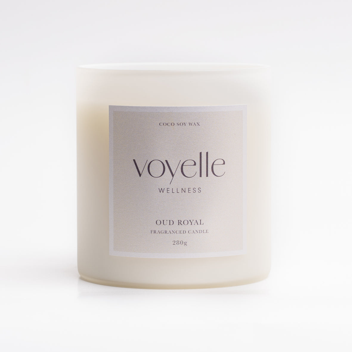 Oud Royal frosted glass candle with front label, studio portrait