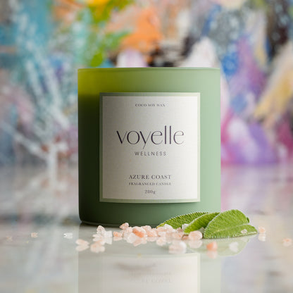 Azure Coast candle from above on pale marble with sea salt and sage