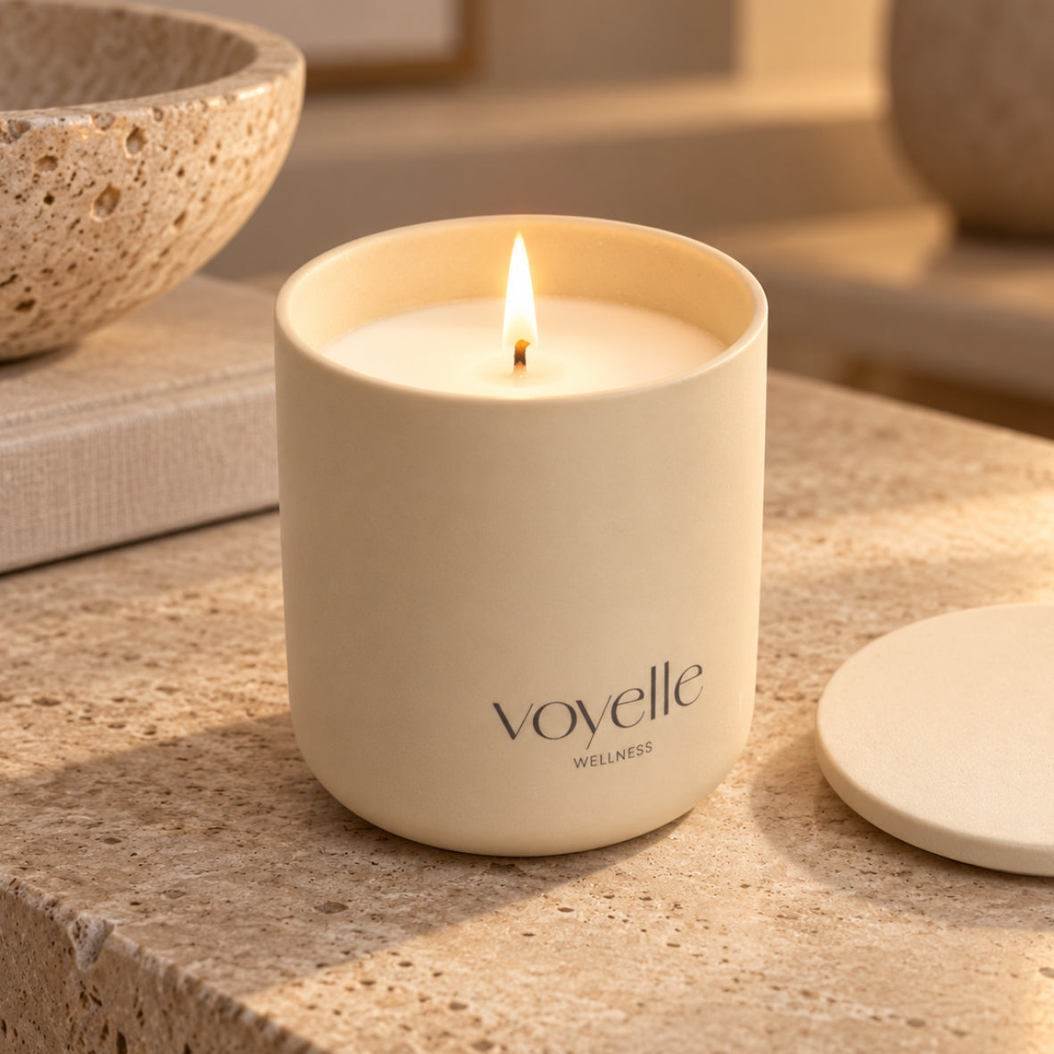 Spicy Romance candle lit on warm travertine in golden evening light