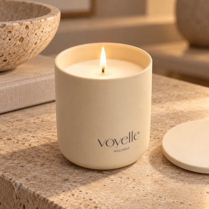 Evening Sleep candle lit on travertine in soft evening light