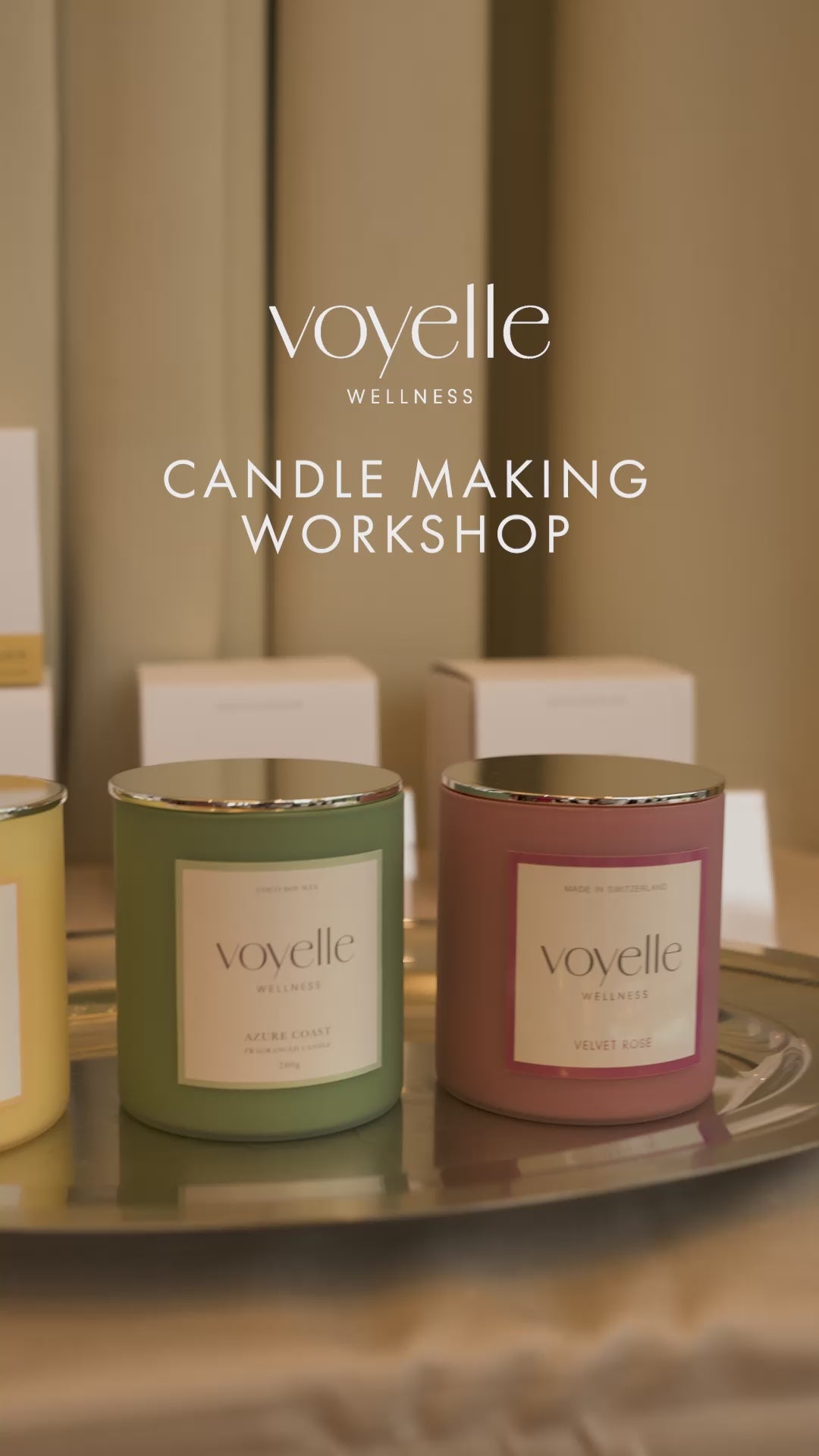 Load video: Guests enjoying a Voyelle Wellness candle-making workshop in Zurich, creating personalized scented candles with essential oils in a relaxing, elegant atmosphere.