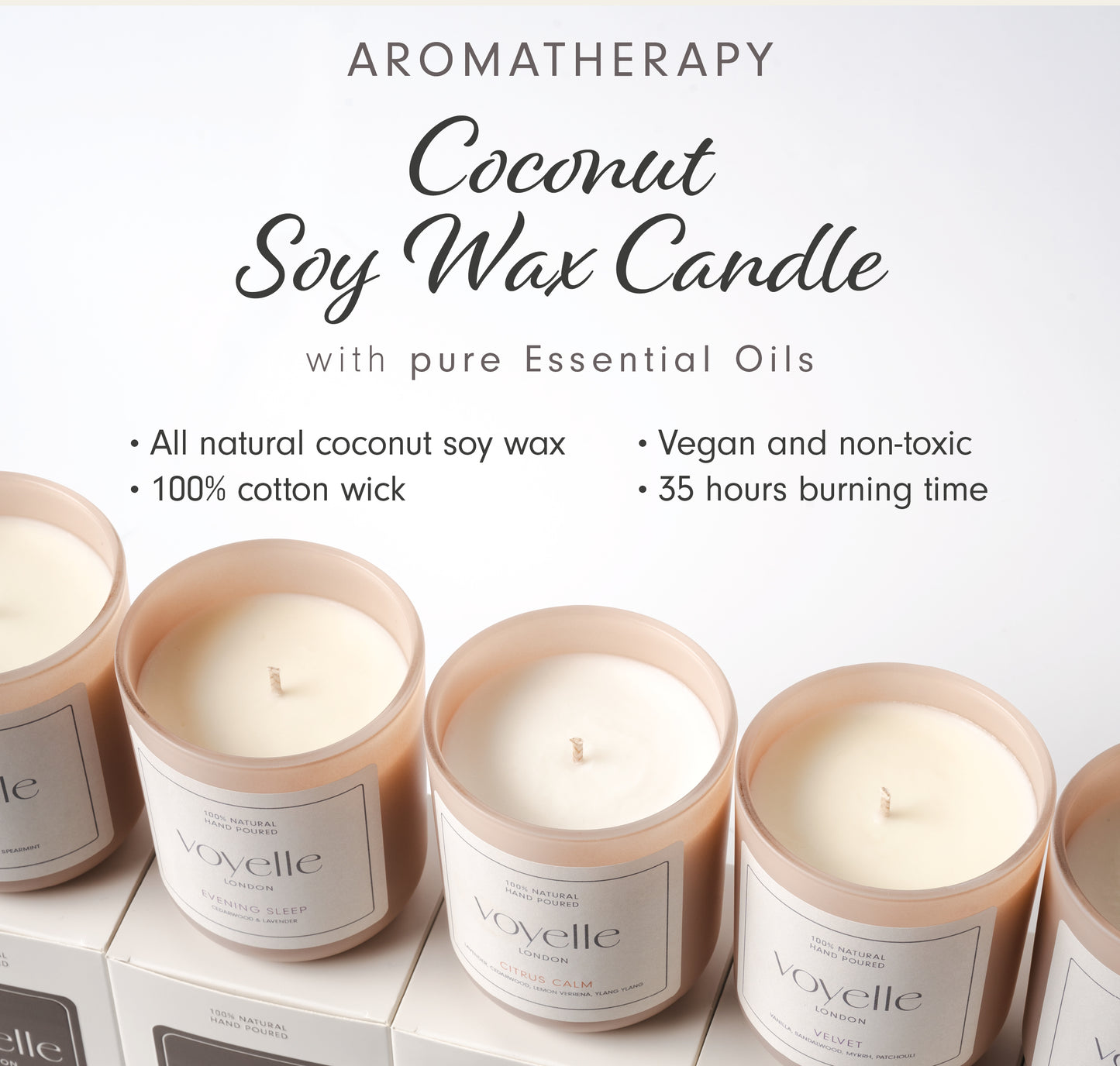 Voyelle coconut soy wax candles with essential oils on a white background