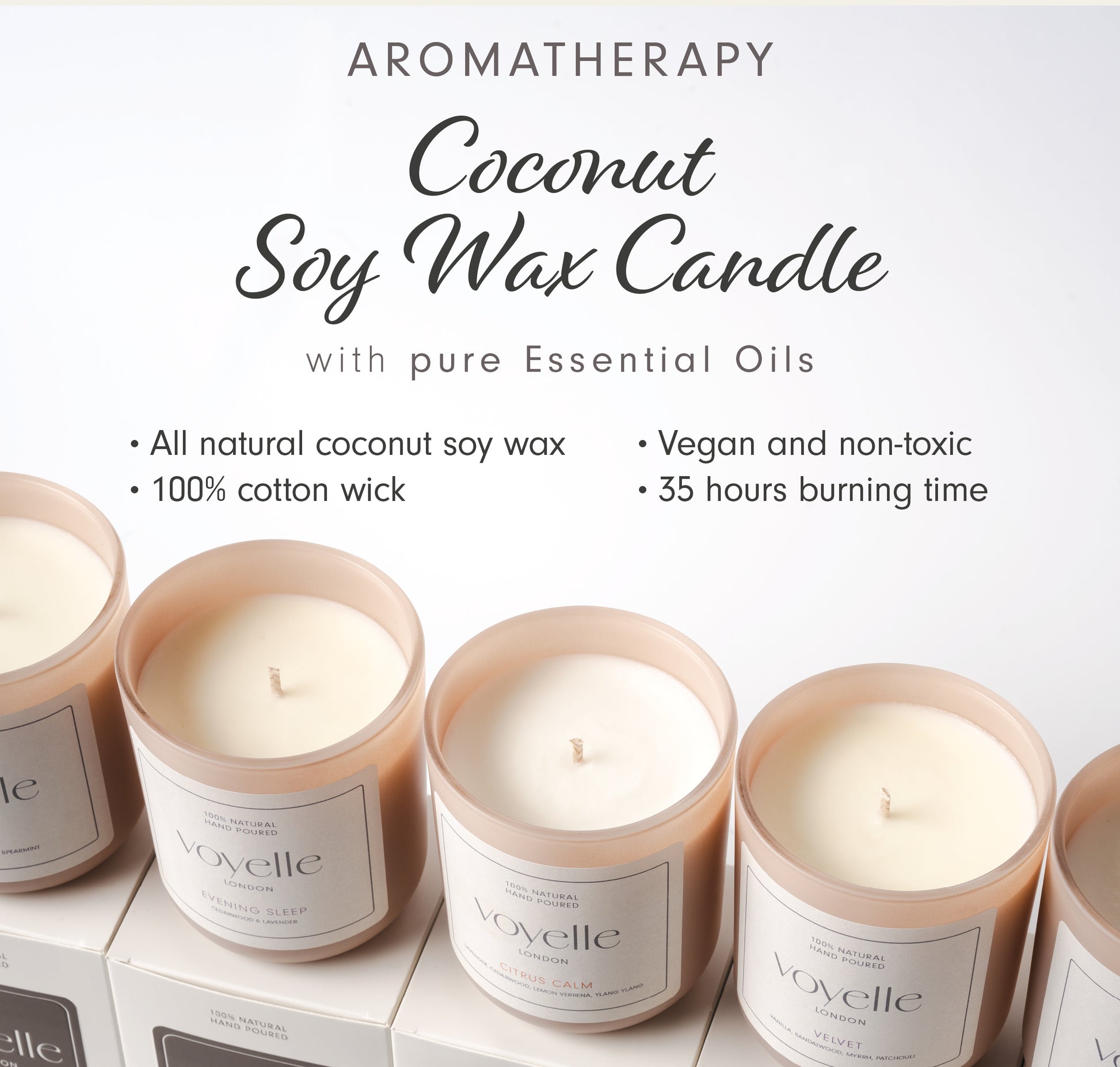 Voyelle coconut soy wax candles with essential oils on a white background