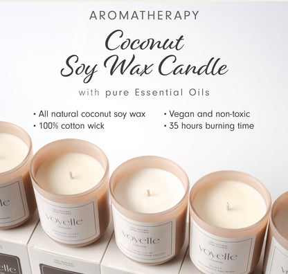 Voyelle coconut soy wax candles with essential oils on a white background