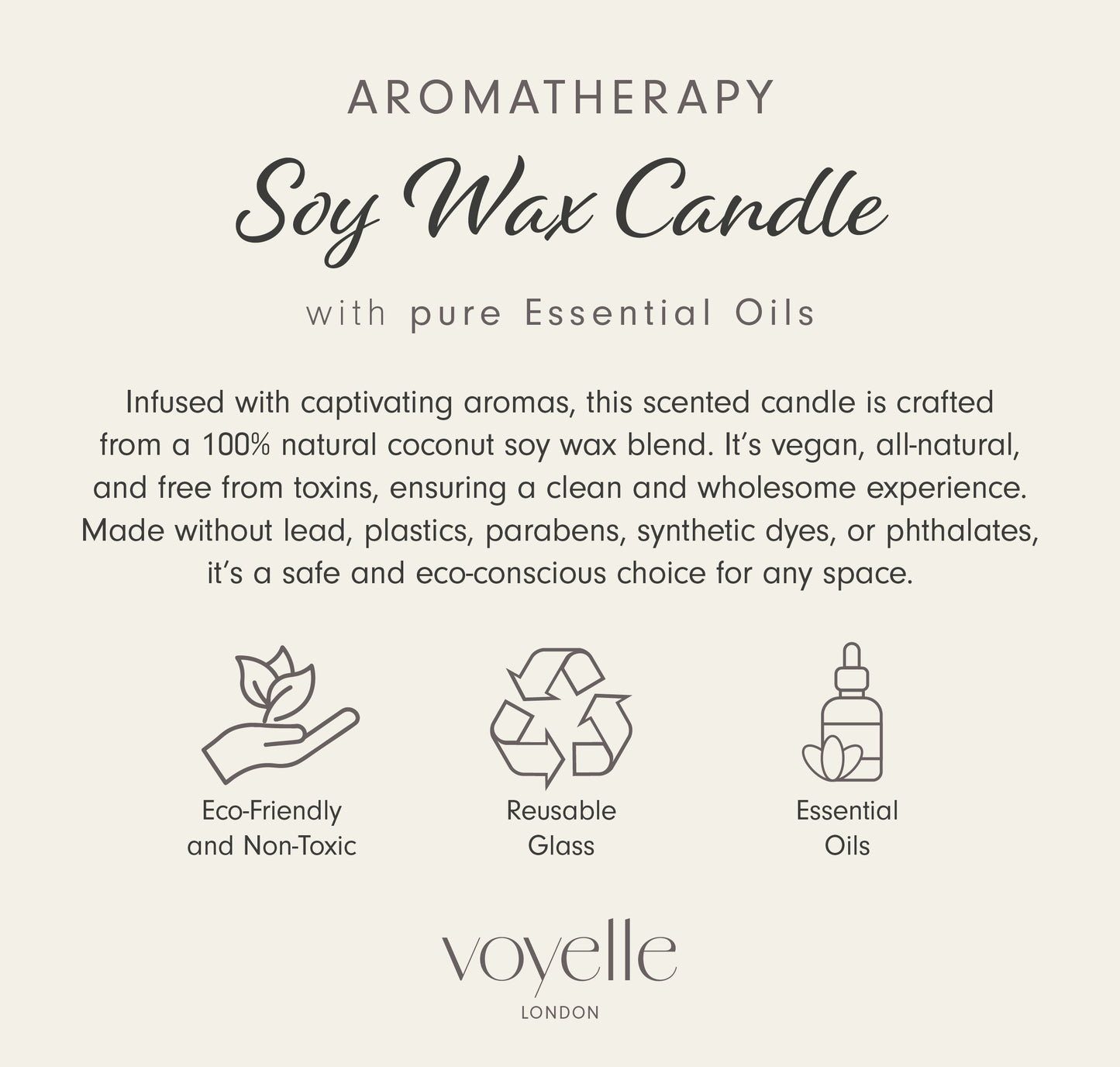 Product description of a soy wax candle with essential oils, highlighting eco-friendly and non-toxic attributes, on a light gray background.