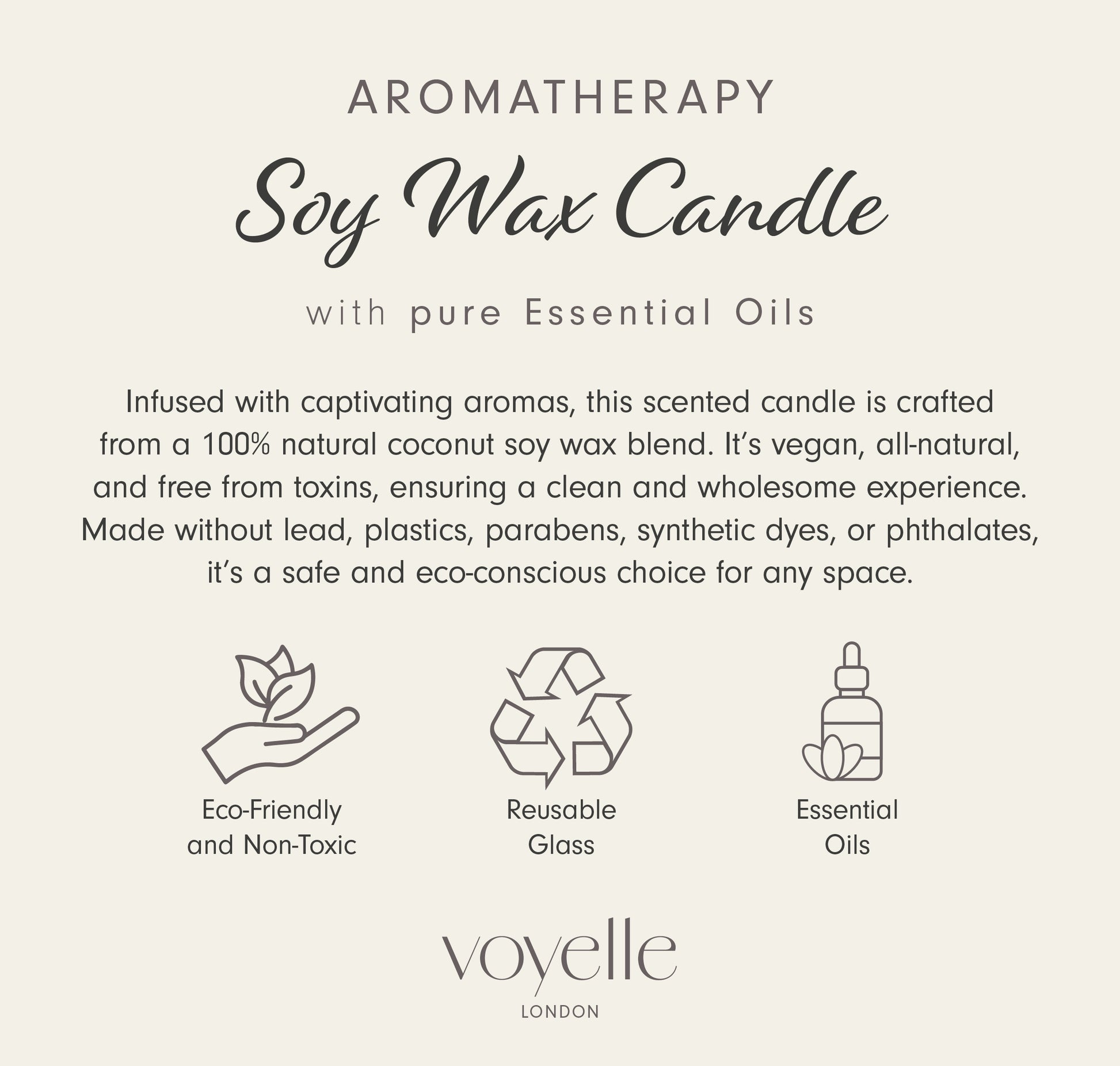 Product description of a soy wax candle with essential oils, highlighting eco-friendly and non-toxic attributes, on a light gray background.