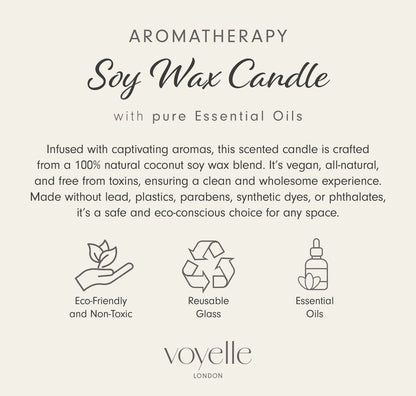Product description of a soy wax candle with essential oils, highlighting eco-friendly and non-toxic attributes, on a light gray background.